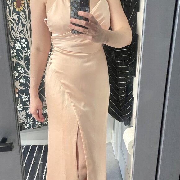 pale peach draped side slit gown from Fame and Partners, never worn, NWT - Picture 7 of 8